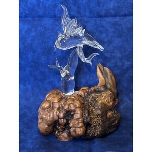 Vintage Crystal‎ Clear Art Glass Flying Owl with tree on Burl Wood Figurine